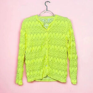 Vintage 1960s Miss Holly Neon Yellow Pointelle Lace Preppy Cottage Cardigan
